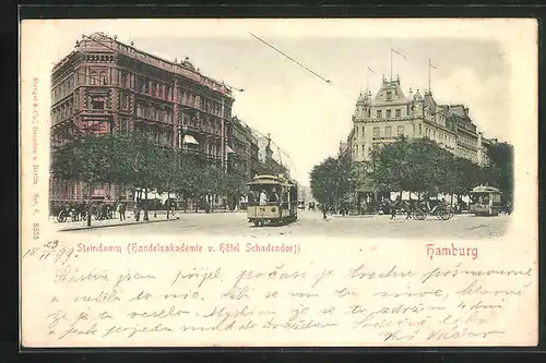 Relief-AK Hamburg-St.Georg, Steindam mit Hôtel Schadendorf und Handelsakademie, Strassenbahn