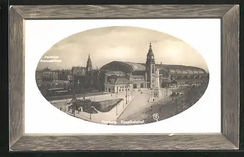 Präge-AK Hamburg-St.Georg, Hauptbahnhof und Deutsches Schauspielhaus im Passepartoutrahmen