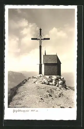 AK Geigelsteingipfel mit Hütte und Gipfelkreuz