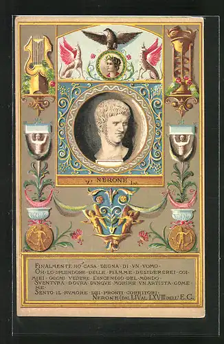 AK Antike, Kaiser Nerone mit Harfe, Adler und Münzen