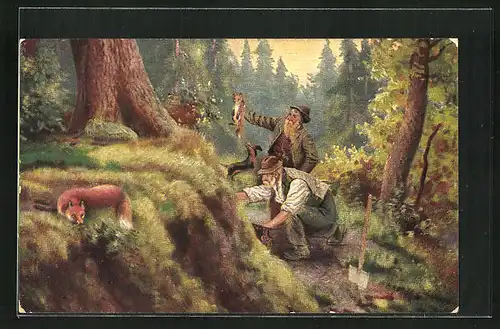 AK Zwei Männer im Wald mit Erdhörnchen und Fuchs