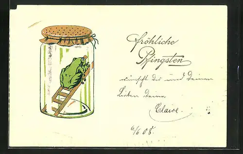 Präge-AK Frosch auf einer Leiter im Glas, Pfingstgruss