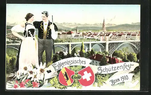 AK Bern, Eidgenössisches Schützenfest 1910, Teilansicht, Schütze und Frau