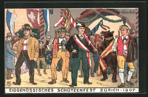 Künstler-AK Zürich, Eidgenössisches Schützenfest 1907, Schützen mit einem Bären