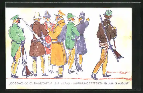 Künstler-AK Aarau, Eidgenössisches Schützenfest -Jahrhunderfeier 1924, Schützen mit Gewehr