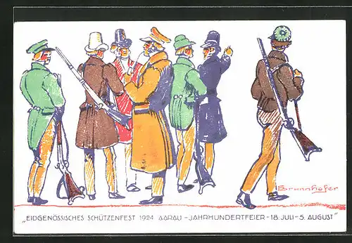 Künstler-AK Aarau, Eidgenössisches Schützenfest -Jahrhunderfeier 1924, Schützen mit Gewehr