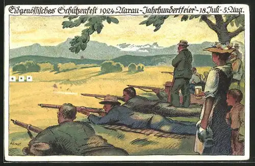 Künstler-AK Aarau, Eidgenössisches Schützenfest -Jahrhunderfeier 1924, Schützen mit Gewehr