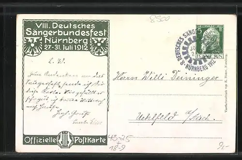 Künstler-AK Nürnberg, VIII. Deutsches Sängerbundesfest 1912, Hans Sachs, Denkmal, Ganzsache Bayern