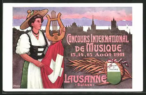 Künstler-AK Lausanne, Concours International de Musique 1911, Stadtsilhouette, Frau mit Lyra und Fahne