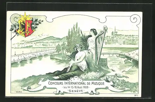 Künstler-AK Genève, Concours International de Musique 1909, Teilansicht mit Brücke