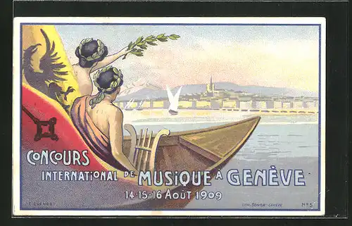 Künstler-AK Genève, Concours Internationale de Musique 1909, Teilansicht und Sänger im Boot