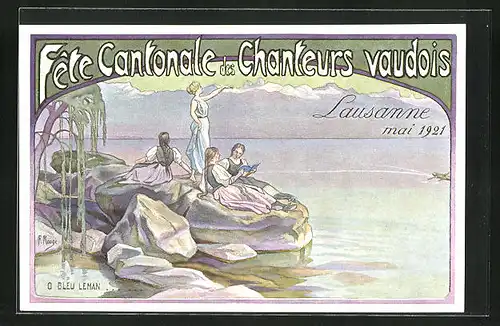 Künstler-AK Lausanne, Fête Cantonale des Chanteurs vaudois 1921, Frauen auf einem Felsen