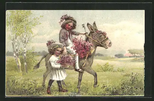 Präge-AK Kinderpaar mit Blumenkörben und einem Maultier