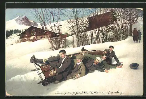 AK Sechs Männer sind auf einem Schlitten umgekippt