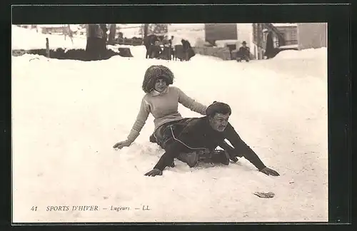 AK Sports d`Hiver, Lugeurs, Paar auf einem Schlitten