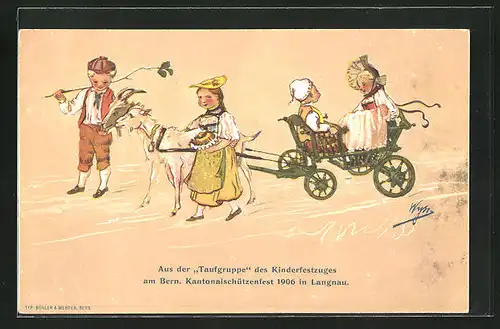 Künstler-AK Langnau, Kantonalschützenfest 1906, Taufgruppe des Kinderfestzuges am Bern