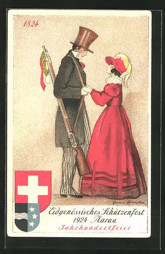 Künstler-AK Aarau, Eidgenössisches Schützenfest 1924, Schütze mit Dame im roten Kleid