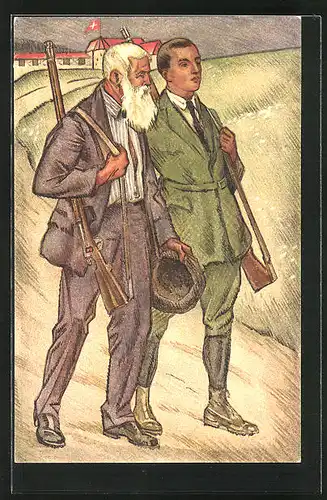 Künstler-AK Schweizerischer Schützenverein 1924, Schützen wandern mit ihren Flinten einen Feldweg entlang