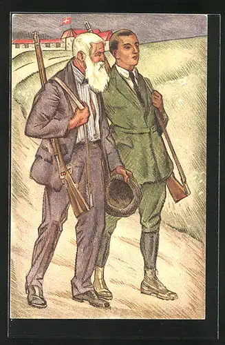 Künstler-AK Schweizerischer Schützenverein 1924, zwei Schützen mit ihren Flinten