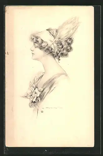 AK Hübsche Dame mit Haarband und Feder mit Blume am Ausschnitt, Jugendstil