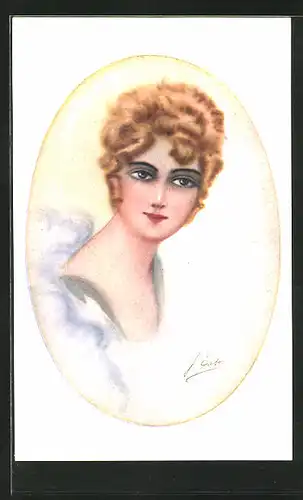 Künstler-AK Lächelnde Dame mit braunen Haaren, Art Deco