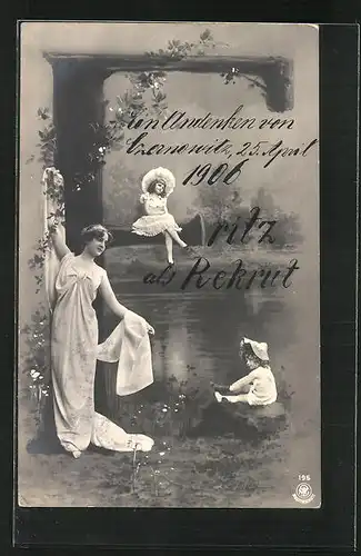 AK Junge Dame mit Kindern am Buchstaben E