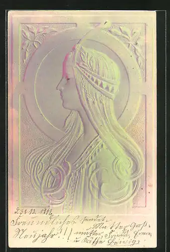 Relief-AK hübsche Frau im Kleid mit langen Haaren von der Seite, Jugendstil