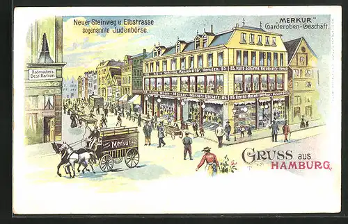 Lithographie Hamburg-Neustadt, Merkur Gaderoben-Geschäft, Neuer Steinweg und Elbstrasse