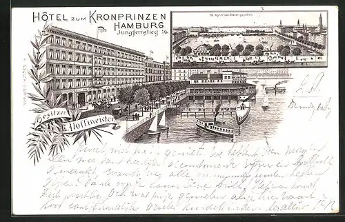 Lithographie Hamburg-Neustadt, Hotel zum Kronprinzen, mit Alsterblick