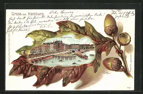 Passepartout-Lithographie Hamburg-Neustadt, Jungfernstieg umgeben von Eichenblättern