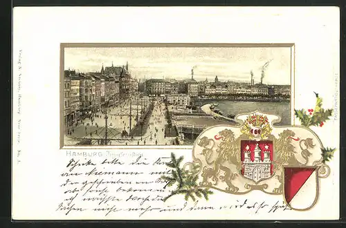 Passepartout-Lithographie Hamburg-Neustadt, Stadtwappen vor Jungfernstieg