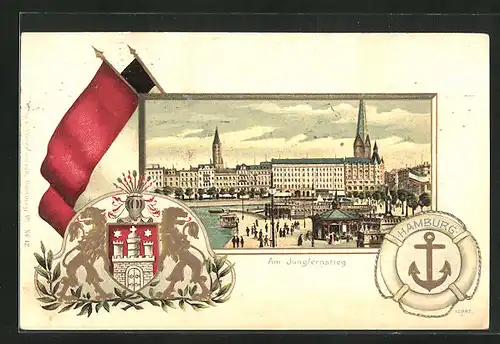 Passepartout-Lithographie Hamburg-Neustadt, Stadtwappen und Anker vorm Jungfernstieg