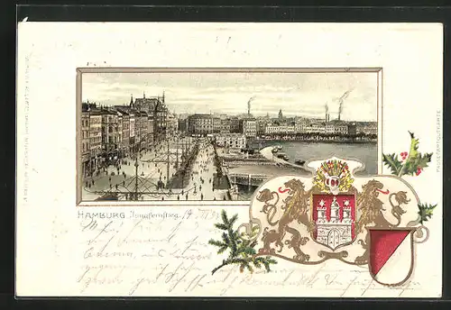 Passepartout-Lithographie Hamburg-Neustadt, Wappen vorm belebten Jungfernstieg