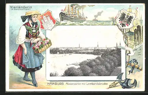 Passepartout-Lithographie Hamburg-Neustadt, Vierländerin und Wappen vor Alsterpartie mit Lombardsbrücke