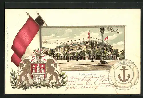Passepartout-Lithographie Hamburg-Neustadt, Alsterpavillon mit Wappen und Fahnen