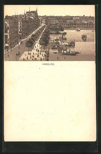 Lithographie Hamburg-Neustadt, Jungfernstieg mit Alster-Bassin