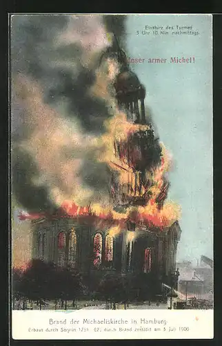 AK Hamburg-Neustadt, Brand der Michaeliskirche 1906, Unser armer Michel!