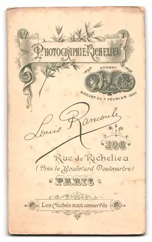 Fotografie Louis Rancoule, Paris, 106 Rue de Richelieu, Portrait Herr im Frack mit Fliege