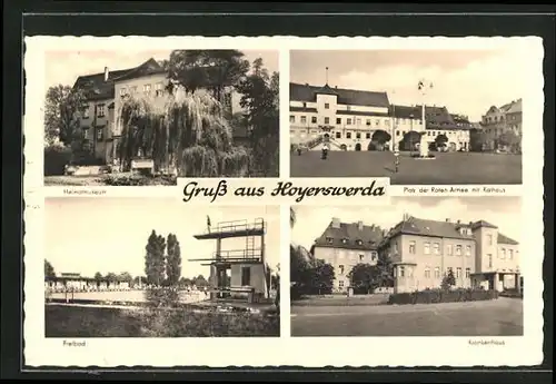 AK Hoyerswerda, Platz der Roten Armee mit Rathaus, Freibad, Heimatmuseum