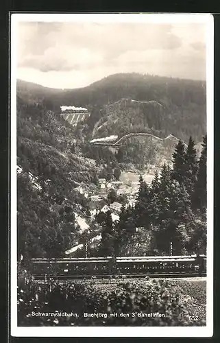 AK Bachjörg, Ortsansicht mit den 3 Bahnlinien