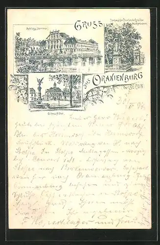 Lithographie Oranienburg, Eilers Hotel, Schloss, Denkmal der Stadtgründerin Churfürstin Louise