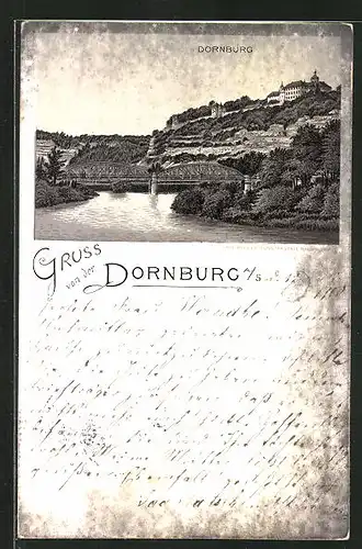 Lithographie Dornburg a. S., Panorama mit Brücke und Schloss