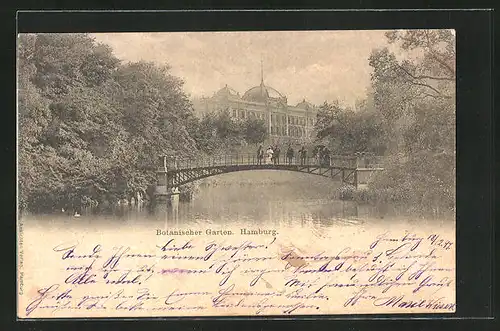 AK Hamburg-St. Pauli, Botanischer Garten mit Spaziergängern auf der Brücke