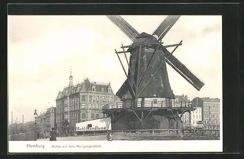 AK Hamburg-St. Pauli, Mühle auf dem Heiligengeistfeld mit Reklame