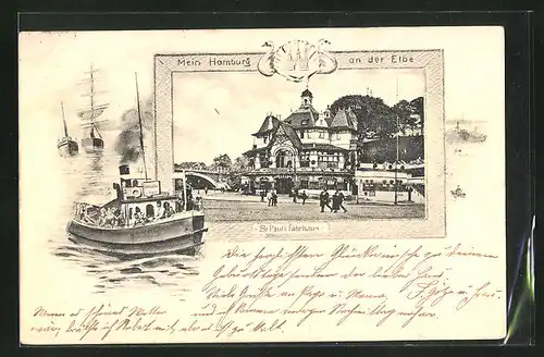 AK Hamburg-St. Pauli, Gasthof Fährhaus und Zeichnung eines Dampfschiffes