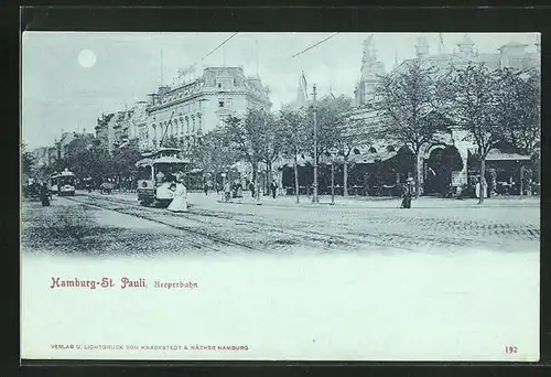 Mondschein-AK Hamburg-St. Pauli, Strassenbahn auf der Reeperbahn