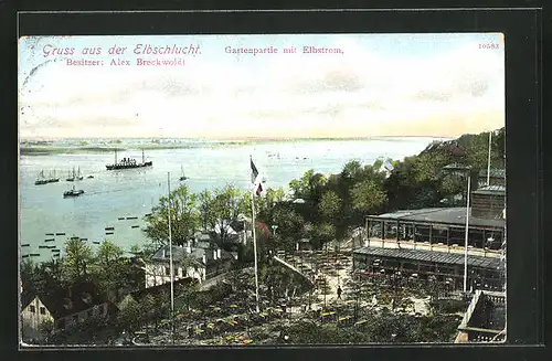 AK Hamburg-Othmarschen, Gasthaus Elbschlucht, Gartenpartie und Elbstrom mit Dampfer