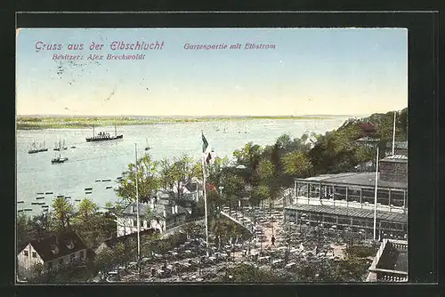 AK Hamburg-Othmarschen, Gasthaus Elbschlucht, Gartenpartie mit Elbstrom und Dampfer