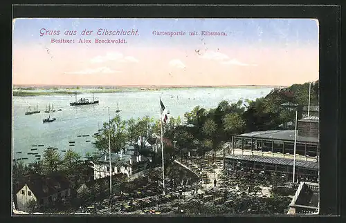 AK Hamburg-Othmarschen, Gasthaus Elbschlucht, Gartenpartie mit Elbstrom und Dampfer