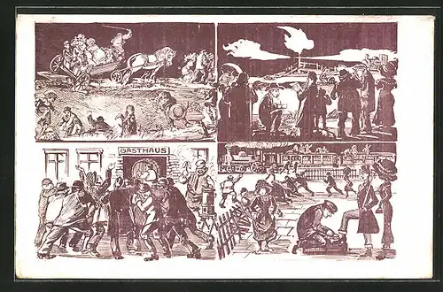 Künstler-AK Hamburg-Neuengamme, Gasthaus, Eisenbahn, Pferdewagen, Die Pilgerfahrt zum Feuerwunder